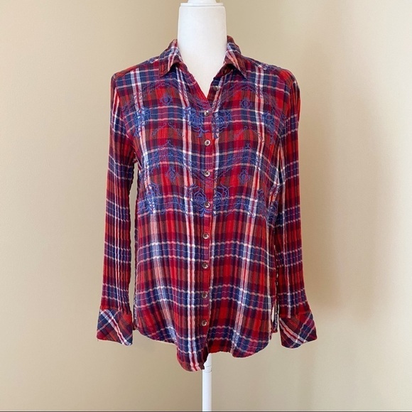 Free People Magical Embroidered Red Plaid Shirt - Picture 1 of 13